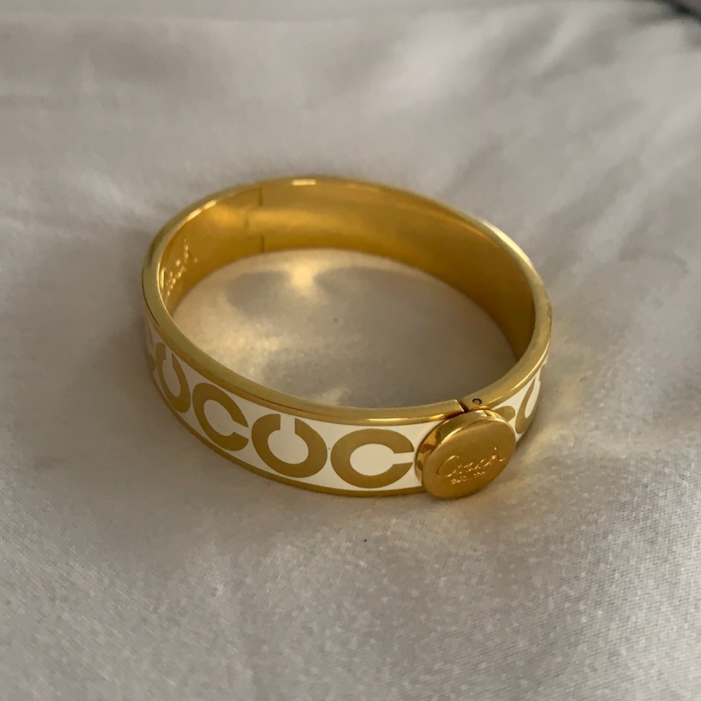 Coach Gold C & White Enamel Hinge Bangle Bracelet